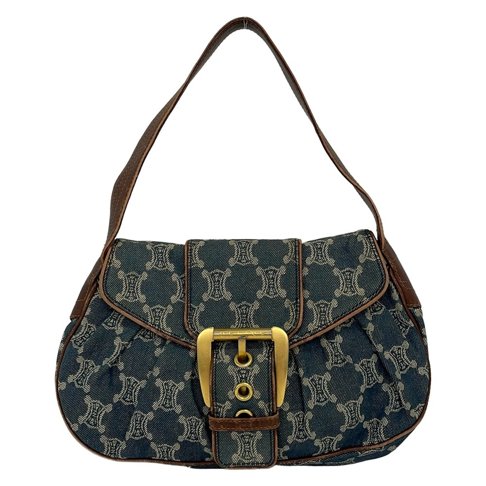 Celine Paris Macadam Handbag Navy Cream Dark Brown Denim Leather